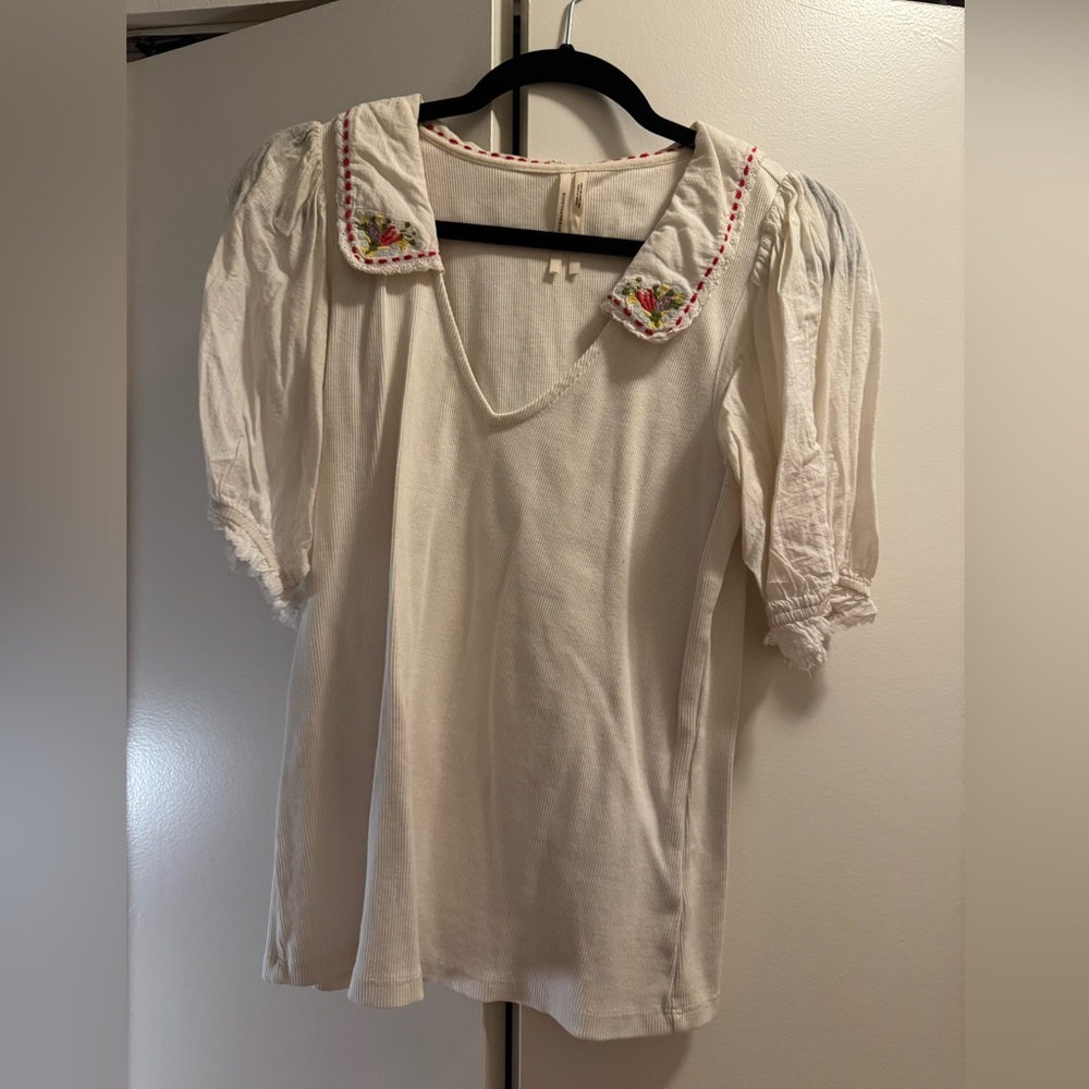 Anthropologie Cream Blouse with Embroidered Collar